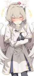 1girl ^_^ absurdres angel_wings arm_under_breasts black_neckerchief black_pantyhose blue_archive blush braid capelet closed_eyes commentary_request crown_braid csham dress feathered_wings flower grey_hair hair_flower hair_ornament halo highres long_hair long_sleeves low_wings nagisa_(blue_archive) neckerchief pantyhose simple_background smile solo very_long_hair white_capelet white_dress white_wings wings