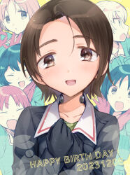 6+girls absurdres birthday black_hair blue_jacket brown_eyes brown_gloves brown_hair closed_eyes commentary dated english_text girls_und_panzer glasses gloves green_undershirt happy_birthday highres jacket koyama_harutarou long_sleeves looking_at_viewer maruyama_saki military_uniform multiple_girls ooarai_military_uniform oono_aya open_mouth own_hands_together parted_bangs sakaguchi_karina sawa_azusa short_hair smile throat_microphone undershirt utsugi_yuuki yamagou_ayumi