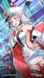 1girl 2others angry armor artist_request barcode barcode_tattoo breasts coat communicator drone epic_seven facial_tattoo hand_on_own_hip hat helmet highres landy_(epic_seven) large_breasts long_hair mechanical_arms military military_uniform multiple_others no_ears no_face open_mouth orange_hair police police_hat police_uniform policewoman red_coat tagme tattoo vest white_hair yellow_eyes