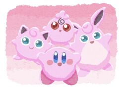 animal_ears blue_eyes creatures_(company) game_freak gen_1_pokemon gen_2_pokemon highres igglybuff jigglypuff kirby_(series) looking_at_viewer miclot nintendo open_mouth pink_fur pink_shoes pink_theme pokemon pokemon_(creature) rabbit_ears red_eyes shoes smile wigglytuff