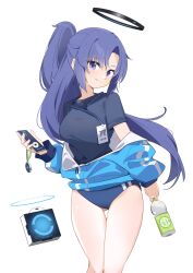 1girl absurdres black_shirt blue_archive blue_buruma blue_jacket bottle breasts buruma cellphone closed_mouth cowboy_shot drone gym_uniform halo head_tilt highres holding holding_bottle holding_phone id_card jacket lanyard long_hair long_sleeves looking_at_viewer mechanical_halo medium_breasts off_shoulder official_alternate_costume partially_unzipped phone ponytail purple_eyes purple_hair shirt short_sleeves simple_background smartphone smile solo star_sticker sticker_on_face thigh_gap thighs track_jacket wako_(1194433260) water_bottle white_background yuuka_(blue_archive) yuuka_(track)_(blue_archive)