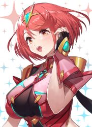 1girl :d absurdres backless_outfit black_gloves blush bob_cut breasts chest_jewel dot_nose earrings fingerless_gloves gem gloves green322 headpiece highres impossible_clothes jewelry large_breasts open_mouth pyra_(xenoblade) red_eyes red_hair revision short_hair skindentation smile solo swept_bangs teeth tiara upper_body upper_teeth_only xenoblade_chronicles_(series) xenoblade_chronicles_2