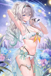 1girl alternate_costume alternate_hairstyle arm_behind_head arm_up armpits bare_shoulders bikini black_bridal_gauntlets black_hairband blue_eyes breasts bridal_gauntlets cleavage closed_mouth collar cowboy_shot detached_collar firefly_(honkai:_star_rail) frilled_collar frilled_wrist_cuffs frills from_side gradient_hair green_hair grey_hair hair_between_eyes hairband hand_up highres honkai:_star_rail honkai_(series) large_breasts light_blush long_hair looking_at_viewer machi_(machi0910) multicolored_eyes multicolored_hair navel paid_reward_available ponytail presenting_armpit purple_eyes smile solo stomach swimsuit thighs twitter_username two-tone_eyes underboob white_bikini white_collar white_wrist_cuffs wrist_cuffs