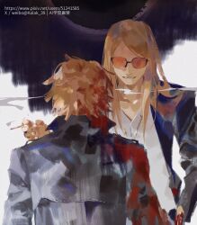 2boys blonde_hair blood blood_in_hair blood_on_clothes daybit_sem_void fate/grand_order fate_(series) formal_clothes glasses kalak_39 long_hair multiple_boys smoke smoke_trail smoking suit tezcatlipoca_(fate)