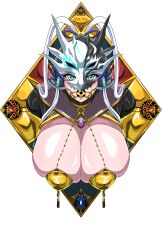 1girl absurdres blue_eyes breasts commission duel_monster female_focus helmet highres ierouyellow large_breasts looking_at_viewer mask mask_on_head pixiv pixiv_commission shiny_skin solo swordsoul_(yu-gi-oh!) swordsoul_of_mo_ye white_hair yu-gi-oh! yu-gi-oh!_duel_monsters