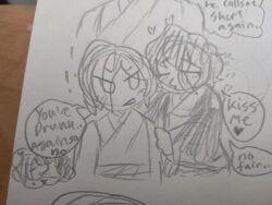 Rule 34 | 1female1male, age difference, couple, dazai osamu (isekai shikkaku), doodle, genderswap, genderswap (ftm), genderswap (mtf), height difference, isekai shikkaku, kiss, paper, pencil, sacchan (isekai shikkaku)