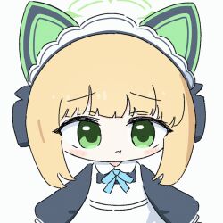 1girl animal_ear_headphones animal_ears animated animated_gif apron blinking blonde_hair blue_archive blue_ribbon blush chibi dress fake_animal_ears green_eyes green_halo halo headphones long_sleeves looking_at_viewer midori_(blue_archive) midori_(maid)_(blue_archive) no_nose pout puff_of_air raised_eyebrows ribbon solo umihio upper_body white_apron