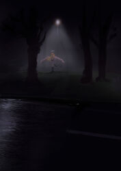 1girl absurdres angel angel_wings animal_legs dark dlcl_xv dress feathered_wings full_body glowing glowing_eyes halo highres horror_(theme) lamppost looking_at_viewer night original outdoors park scenery tail tree white_dress white_halo white_wings wings