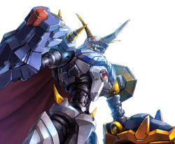 arm_cannon blue_eyes close-up digimon digimon_(creature) horns looking_up mecha no_humans omegamon robot simple_background single_horn solo taedu upper_body weapon white_background