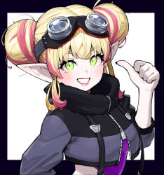 Rule 34 | 1girl, absurdres, black border, black coat, black straps, blonde hair, border, coat, colored skin, commentary, cropped coat, double bun, dragon quest, dragon quest x, elf (dq10), goggles, goggles on head, green eyes, grey coat, grin, hair bun, highres, hip vent, kulumi e, looking at viewer, multicolored coat, pink lips, pink skin, pink streaks, pointy ears, purple shirt, shirt, simple background, smile, solo, thumbs up, two-tone coat, upper body, white background
