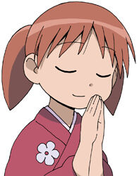 1girl azumanga_daiou bad_source brown_hair closed_eyes closed_mouth commentary_request hands_up japanese_clothes kimono lowres maso_(ascii_art) mihama_chiyo own_hands_together praying red_kimono short_hair simple_background smile solo twintails u_u upper_body white_background