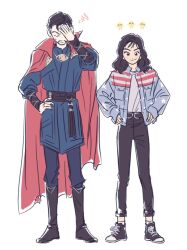 1boy 1girl america_chavez american_flag american_flag_print animification belt black_belt black_boots black_eyes black_hair black_pants blue_jacket blue_pants blue_shirt boots breast_pocket brown_belt brown_boots cloak closed_eyes closed_mouth doctor_strange doctor_strange_(series) doctor_strange_in_the_multiverse_of_madness facial_hair fingernails flag_print full_body hand_on_own_head hand_on_own_hip hands_on_own_hips jacket jewelry long_hair long_sleeves looking_at_viewer mandarin_collar marvel marvel_cinematic_universe multicolored_hair necklace open_clothes open_jacket pants pocket puffy_long_sleeves puffy_sleeves red_cloak shirt short_hair simple_background skdlfjgrp smile socks squiggle standing star_(symbol) star_print streaked_hair striped_clothes striped_jacket t-shirt wavy_hair white_background white_hair white_shirt white_socks
