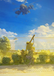 3boys absurdres aircraft assault_rifle blue_sky bush cloud day fim-92_stinger full_body gun helicopter highres holding holding_rocket_launcher holding_weapon male_focus man-portable_air-defense_system military military_uniform missile_launcher multiple_boys original outdoors rifle rocket_launcher russo-ukrainian_war sky soldier tree ukraine war water weapon ye_fan