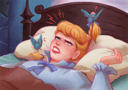1girl artist_name bird blonde_hair blue_bird blue_dress blue_eyes cinderella_(disney_character) cinderella_(disney_movie) dress from_behind indoors luztapiaart pillow solo teeth upper_body watermark