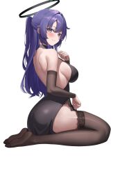 1girl alternate_costume alternate_hairstyle bare_shoulders black_dress black_garter_belt black_garter_straps black_thighhighs blue_archive blue_eyes blush breasts detached_sleeves dress garter_belt garter_straps hair_between_eyes halo highres long_hair looking_at_viewer ponytail purple_hair rianya07 shoes sideboob sidelocks sitting smile solo thighhighs white_background yuuka_(blue_archive)