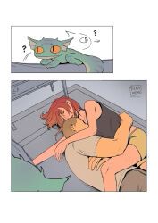 1boy 1girl ? afterimage animal black_tank_top brown_hair brown_pants brown_shorts buzz_cut commentary courier_(fallout:_new_vegas) craig_boone fallout fallout:_new_vegas gecko grey_shirt hetero hug lying milramemo motion_lines noelle_(milramemo) on_floor on_side orange_eyes pants shirt short_hair short_sleeves shorts signature slit_pupils speed_lines tank_top twitter_username very_short_hair