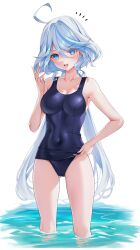 1girl :d ahoge armpits bare_arms bare_shoulders blue_eyes blue_hair blue_one-piece_swimsuit blush breasts collarbone commentary_request covered_navel cowlick drop-shaped_pupils furina_(genshin_impact) genshin_impact gluteal_fold hair_between_eyes heterochromia highres holding holding_unworn_clothes light_blue_hair long_hair looking_at_viewer matrix16 medium_breasts multicolored_hair old_school_swimsuit one-piece_swimsuit open_mouth ponytail school_swimsuit school_swimsuit_flap simple_background smile solo standing swimsuit symbol-shaped_pupils wet wet_clothes wet_swimsuit white_background white_hair
