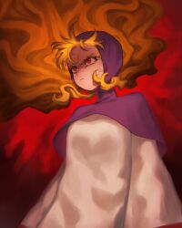 1girl absurdres angry blonde_hair commentary_request curly_hair dragon_quest dragon_quest_ii floating_clothes floating_hair highres long_hair looking_ahead nogo_(nogo_059) princess_of_moonbrook purple_hood red_background red_eyes robe shaded_face solo upper_body veiny_face white_robe