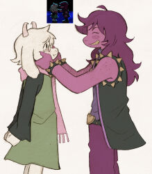1boy animal_ears colored_skin colored_teeth deltarune derivative_work furry furry_female furry_male glasses goat_boy goat_ears goat_horns green_robe highres horns pink_horns pink_scarf pink_skin ralsei reptile_girl robe round_eyewear scarf screenshot_redraw simple_background smile susie_(deltarune) szivarvanyturmix02 teeth yellow_teeth