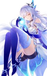 Rule 34 | 1girl, absurdres, bare shoulders, blue gloves, breasts, closed eyes, closed mouth, commentary request, full body, genshin impact, gloves, hair between eyes, hair ornament, high heels, highres, holding, knees up, large breasts, long hair, making-of available, purple hands, scene reference, simple background, skirk (genshin impact), solo, very long hair, white background, white hair, yuno kaihara