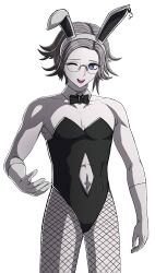 1boy absurdres animal_ear_hairband animal_ears aotsuki_eito black_bow blue_eyes bow bowtie collarbone crossdressing detached_collar eyelashes fake_animal_ears fishnet_pantyhose fishnets glasses gloves grey_hair hairband highres leotard looking_at_viewer male_focus middinos navel open_mouth pantyhose parted_hair playboy_bunny rabbit_ear_hairband rabbit_ears simple_background solo solo_focus standing teeth the_hundred_line_-last_defense_academy- transparent_background upper_teeth_only white_gloves