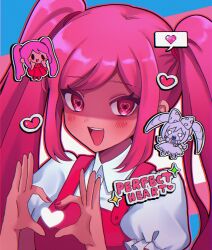 Rule 34 | 3girls, :d, blue background, blush, character name, chromatic aberration, commentary, dark-skinned female, dark skin, dress, english commentary, frilled sleeves, frills, hair tie, hands up, heart, heart hands, heart in eye, heart in heart hands, highres, long hair, looking at viewer, multiple girls, multiple persona, mutantheart (omori), nail polish, omori, open mouth, outline, perfectheart (omori), pink background, pink eyes, pink hair, portrait, puffy short sleeves, puffy sleeves, red dress, red nails, red outline, roboheart (omori), shaded face, shirt, short sleeves, sidelocks, sleeveless, sleeveless dress, smile, sparkle, spoken heart, striped background, swh 78, symbol in eye, teeth, tongue, transgender flag, twintails, upper teeth only, white background, white outline, white shirt