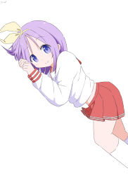 1girl absurdres apron closed_mouth cynical_(llcbluckg_c004) dutch_angle feet_out_of_frame hairband highres hiiragi_tsukasa long_sleeves looking_at_viewer lucky_star lying midriff_peek on_stomach pleated_skirt purple_eyes purple_hair red_skirt school_uniform simple_background skirt socks solo white_apron white_socks yellow_hairband