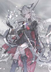 Rule 34 | 1girl, absurdres, ajirui, animal ears, arknights, black boots, black gloves, boots, commentary, english commentary, fang, feet out of frame, gloves, grey eyes, grey hair, hair between eyes, highres, holding, holding weapon, knee up, lappland (arknights), lappland the decadenza (arknights), looking at viewer, material growth, oripathy lesion (arknights), parted lips, scar, scar across eye, scar on face, skin fang, solo, tail, weapon, wolf ears, wolf girl, wolf tail