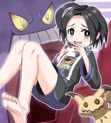 1boy absurdres ahoge allister_(pokemon) barefoot black_eyes black_hair blush box bright_pupils collared_shirt commentary_request gen_1_pokemon gen_7_pokemon gengar gift gift_box gym_leader highres holding holding_box holding_gift knees long_sleeves looking_at_viewer male_focus mimikyu nintendo open_mouth outline pokemon pokemon_(creature) pokemon_swsh raised_eyebrows shirt short_hair shorts soles suspender_shorts suspenders toes tongue watashitachino_kareshi white_pupils