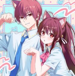 Rule 34 | 1boy, 1girl, ahoge, animal ear fluff, animal ears, aqua background, bell, blue necktie, blush, bow, bowtie, brother and sister, brown hair, cat boy, cat ears, cat girl, collared shirt, commentary request, eyelashes, eyes visible through hair, grin, hair bell, hair between eyes, hair ornament, hair ribbon, hand up, hands up, jingle bell, kemonomimi mode, little busters!, little busters! school uniform, long hair, looking at viewer, miiizuno lbs, natsume kyousuke, natsume rin, necktie, open mouth, outline, paw pose, pink bow, pink bowtie, ponytail, red eyes, ribbon, school uniform, shirt, short hair, siblings, sidelocks, simple background, smile, summer uniform, tareme, tsurime, upper body, very long hair, white outline, white ribbon, white shirt