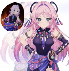 1girl :t armlet asymmetrical_gloves bare_shoulders blue_eyes braid breasts citlali_(genshin_impact) cowboy_shot cryo_symbol_(genshin_impact) elbow_gloves facial_mark floating_headgear forehead_mark game_screenshot_inset genshin_impact gloves gradient_hair hair_intakes hands_on_own_hips hashtag-only_commentary headgear highres jewelry leotard long_hair looking_at_viewer medium_breasts multicolored_hair pink_hair pink_pupils pout single_elbow_glove solo triangle triangle_facial_mark twin_braids vision_(genshin_impact) white_background woolly_(ll_0o0) zoom_layer