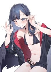 Rule 34 | absurdres, adjusting hair, bikini, black bikini, black hair, black wings, blue archive, cowboy shot, feathered wings, flat chest, genderswap, genderswap (ftm), grin, hair behind ear, hands up, highres, ichika (blue archive), jacket, ok sign, omiyacha, one eye closed, open clothes, open jacket, penis, smile, swimsuit, trap, white background, wings