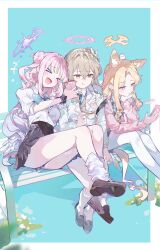 &gt;o&lt; 0202ase 3girls :t absurdres alternate_costume animal animal_ear_fluff animal_ears animal_on_head bare_legs bird bird_on_head black_skirt black_tea blazer blonde_hair blue_archive blue_bow blue_necktie blush border bow brown_hair cardigan cellphone commentary cup feathered_wings fox_ears gyaru hair_bun halo hand_on_own_cheek hand_on_own_face head_rest highres holding holding_cup holding_phone jacket jitome kneehighs kogal long_hair looking_at_phone loose_socks mika_(blue_archive) miniskirt multiple_girls nagisa_(blue_archive) necktie on_bench on_head pantyhose phone pink_cardigan pink_hair pleated_skirt school_uniform scrunchie seia_(blue_archive) shirt shirt_tucked_in single_side_bun sitting skirt skirt_rolled_up smile socks tea tea_party_(blue_archive) teacup very_long_hair white_border white_jacket white_pantyhose white_shirt white_socks white_wings wings wrist_scrunchie