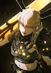 1girl absurdres armor blonde_hair blue_eyes breasts cleavage cleavage_cutout clothing_cutout crop_top forutaro gloves highres holding holding_sword holding_weapon huge_weapon long_hair looking_at_viewer magik_(x-men) marvel marvel_rivals navel shorts solo sword weapon x-men