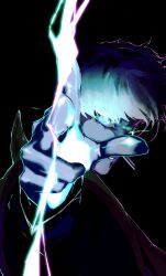 Rule 34 | 1boy, absurdres, armor, azu71, black shirt, blue eyes, colored sclera, colored skin, dark, earrings, fate/grand order, fate (series), glowing, glowing eyes, grey sclera, grey skin, highres, indra (fate), jewelry, lightning, lightning bolt facial mark, looking at viewer, male focus, pointing, pointing at viewer, shirt, short hair, shoulder armor, solo, upper body, white hair