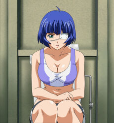 00s 1girl blue_hair breasts cleavage collarbone eyepatch green_eyes highres ikkitousen ikkitousen_great_guardians large_breasts mole mole_under_mouth navel ryomou_shimei sitting solo stitched third-party_edit toilet