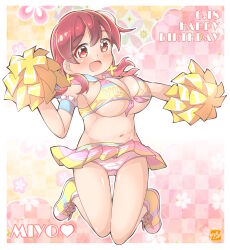 1girl :d alternate_costume armband bare_arms bare_legs blush breasts character_name checkered_background cheerleader clothes_writing commentary_request crop_top dated frilled_armband frills front-tie_top full_body hair_between_eyes happy_birthday highres jumping large_breasts long_hair looking_at_viewer low_twintails miniskirt murosaki_miyo navel onii-chan_wa_oshimai! open_mouth outline panties pleated_skirt pom_pom_(cheerleading) red_eyes red_hair sailor_collar shoes skirt smile sneakers solo stomach takecho thigh_gap twintails underwear white_outline white_panties