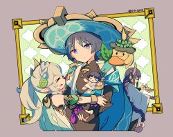 1boy 2girls 310_ill aranara_(genshin_impact) armlet bell black_bodysuit black_bridal_gauntlets black_hair blue_cape blue_hat blue_kimono blue_sleeves blunt_ends bodysuit bracelet braid bridal_gauntlets brown_background cape carrot character_doll closed_mouth cropped_legs cropped_torso crown_braid detached_sleeves dress eyelashes eyeliner eyeshadow facing_another facing_to_the_side fan_hair_ornament feathers fingernails flower genshin_impact gold gold_trim green_cape green_sleeves hair_ornament hair_tie happy hat highres japanese_clothes jewelry jingasa juban kimono layered_sleeves leaf leaf_hair_ornament long_hair long_sleeves looking_at_another looking_down low-braided_long_hair low-tied_long_hair makeup mole mole_under_eye multicolored_hair multiple_girls nahida_(genshin_impact) open_clothes open_hands open_kimono open_mouth outstretched_arm picture_frame pointy_ears pom_pom_(clothes) purple_eyes purple_hair purple_rope raiden_shogun red_eyeliner red_eyeshadow rope scaramouche_(genshin_impact) short_sleeves shoulder_peek side_ponytail sidelocks sideways_mouth smile streaked_hair tassel tassel_hair_ornament twitter_username vambraces very_long_hair wanderer_(genshin_impact) white_dress white_flower white_kimono white_sleeves white_trim wide_sleeves wispy_bangs yellow_feathers