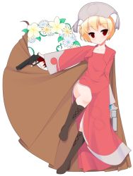1boy blonde_hair blush boots cadd_kiriyama cape crossdressing dress final_fantasy final_fantasy_tactics flower gun hat jacket male_focus orator_(fft) ramza_beoulve red_eyes short_hair simple_background solo trap trigger_discipline weapon white_background
