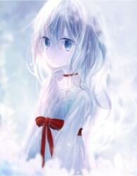 1girl blue_eyes bow bowtie choker from_side koneko_mari red_bow red_choker solo white_hair
