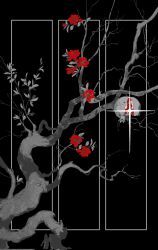 bare_tree benkdjjituibot black_background branch flower food fruit greyscale highres leaf monochrome no_humans omniscient_reader&#039;s_viewpoint outside_border plant pomegranate red_flower red_rose rose scenery sparkle spot_color tree
