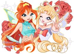 2girls adapted_costume ahoge aqua_eyes aqua_shirt bad_id bad_twitter_id bare_shoulders bishoujo_senshi_sailor_moon blonde_hair bloom_(winx_club) blue_arm_warmers blue_wings bow bowtie brooch bun_cover cartoonized charmix chest_jewel chocofish choker collarbone commentary crescent_choker crop_top cropped_torso crossover double_bun english_commentary eyelashes eyeshadow fairy fairy_wings flower gem glitter gold_tiara hair_bun hand_on_another&#039;s_shoulder heart heart_brooch instagram_username jewelry leotard light_particles lipstick long_hair magical_girl makeup midriff multiple_girls official_style open_mouth orange_hair outline outstretched_arm parody parted_bangs petals pink_eyeshadow red_bow red_bowtie red_choker red_flower red_lips red_rose ringlets rose rose_petals sailor_moon shirt simple_background sleeveless sleeveless_shirt smile sparkle strapless strapless_leotard style_parody teeth toon_(style) tsukino_usagi turtleneck turtleneck_shirt twintails twitter_username v very_long_hair watermark white_arm_warmers white_background white_leotard white_outline wings winx_club yellow_gemstone