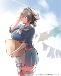 1girl apron bandana black_hair blue_serafuku blue_skirt box braid breast_rest breasts commentary_request cowboy_shot dated hair_flaps hair_ornament hairclip highres jingei_(kancolle) kantai_collection kirisawa_juuzou large_breasts long_hair low_ponytail neckerchief numbered pleated_skirt ponytail red_eyes sailor_collar school_uniform serafuku single_braid skirt solo thighhighs traditional_media twitter_username waist_apron white_apron white_neckerchief white_thighhighs