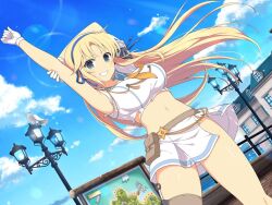 1girl animal arm_up armband armpits arms_up ascot belt belt_pouch bird black_armband blonde_hair blue_sky blush breasts brown_belt building buttons cloud day double-breasted dove emblem feathers gloves green_eyes grin hair_ribbon holster katsuragi_(senran_kagura) kunai lamppost large_breasts lens_flare long_hair map midriff miniskirt mountainous_horizon navel official_alternate_costume official_art outdoors pleated_skirt pouch ribbon rooftop school_uniform senran_kagura senran_kagura_new_link senran_kagura_shoujo-tachi_no_shin&#039;ei serafuku shiny_skin shirt skirt sky smile solo thigh_holster torn_clothes torn_shirt torn_skirt water weapon white_bird dove white_feathers white_gloves white_serafuku window yaegashi_nan yellow_ascot