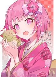 1girl 2024 alternate_costume blunt_ends blush bob_cut checkered_background choppy_bangs dot_nose eyelashes floral_print floral_print_kimono flower green_background hair_flower hair_ornament happy highres holding holding_stuffed_toy japanese_clothes kanzashi kikutouji kimono looking_at_viewer new_year ootori_emu open_mouth orange_background pink_eyes pink_hair pink_kimono print_kimono project_sekai short_hair sidelocks smile solo stuffed_toy translation_request upper_body white_background
