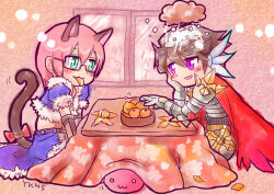 2boys :3 animal_ears armor blue_cape blue_jacket blush breastplate brown_hair cape cat_boy cat_ears cat_tail chainmail cloud_over_head commentary_request cowboy_shot cropped_jacket food fruit fur-trimmed_cape fur-trimmed_jacket fur_trim green_eyes indoors jacket kotatsu looking_at_another male_focus mandarin_orange multiple_boys open_clothes open_jacket open_mouth orange_(fruit) pink_hair poring purple_eyes ragnarok_online red_cape rune_knight_(ragnarok_online) short_hair short_sleeves slime_(creature) smile spiked_pauldrons stalker_(ragnarok_online) table tail waist_cape yukimushi