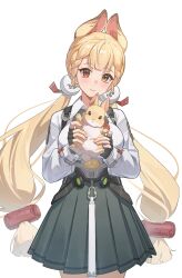 Rule 34 | 1girl, absurdres, alice thymefield, animal, animal ears, black gloves, blonde hair, blush, braid, braided bangs, breasts, closed mouth, collared shirt, commentary, cowboy shot, fingerless gloves, gloves, green skirt, hair ornament, heterochromia, highres, holding, holding animal, long hair, long sleeves, looking at viewer, pleated skirt, rabbit, rabbit ears, rabbit girl, red eyes, shirt, simple background, skirt, smile, solo, tujiu sama, twintails, very long hair, white background, white shirt, yellow eyes, zenless zone zero