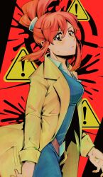1girl belt blue_dress coat cowboy_shot dress from_side ghost_trick goomyloid hair_ornament highres looking_at_viewer lynne_(ghost_trick) red_belt red_hair sign solo solo_focus sweatdrop warning_sign yellow_coat