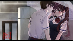 1boy 1girl adjusting_hair akazawa_izumi another belt black_border black_vest blue_ribbon blush border brown_belt brown_hair buttons closed_mouth collared_shirt commentary_request double-breasted hair_ribbon hetero holding holding_umbrella letterboxed long_hair looking_at_another neck_ribbon pleated_skirt rain red_eyes red_ribbon ribbon sakakibara_kouichi school_uniform shared_umbrella shima_koume shirt short_hair skirt summer_uniform transparent transparent_umbrella twintails umbrella upper_body vest wet white_shirt yomiyama_north_junior_high_school_uniform