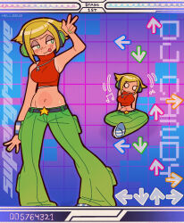 Rule 34 | 1girl, arrow (symbol), belt, bemani, black belt, breasts, chibi, commentary, dance dance revolution, dj candy, english commentary, green nails, green pants, headphones, hellseur, highres, large breasts, midriff, multiple views, musical note, mysims, navel, pants, sitting, sleeveless, sleeveless turtleneck, standing, star (symbol), tongue, tongue out, turtleneck, v, y2k fashion